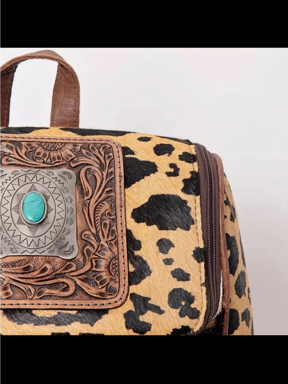 American Darling Leopard-Print Backpack with Brown Leather & Turquoise Accent